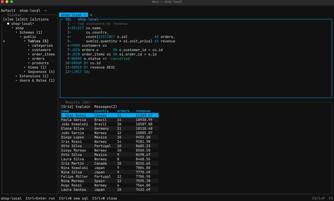 Workbench com árvore do catálogo, editor SQL e resultados