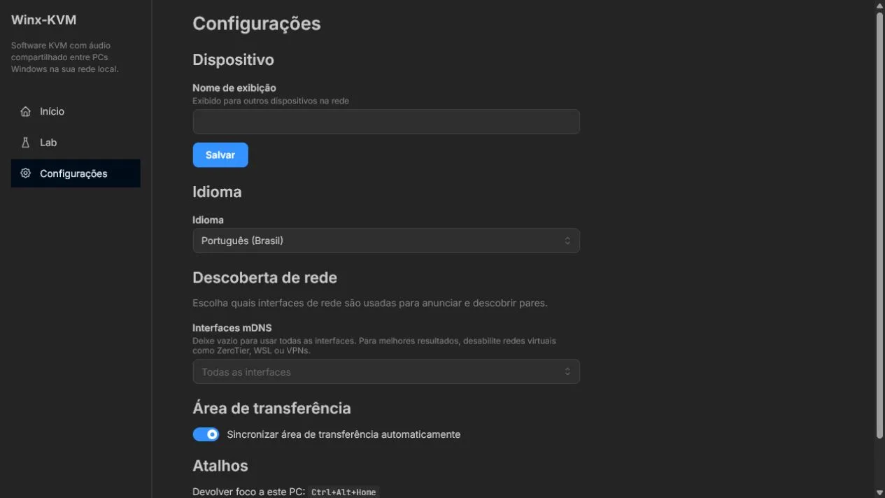 Configurações do Winx KVM